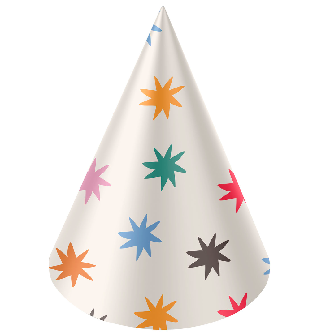 6 Stk. Papier Hüte  weiß mit bunten Sternen ca. 16cm hoch