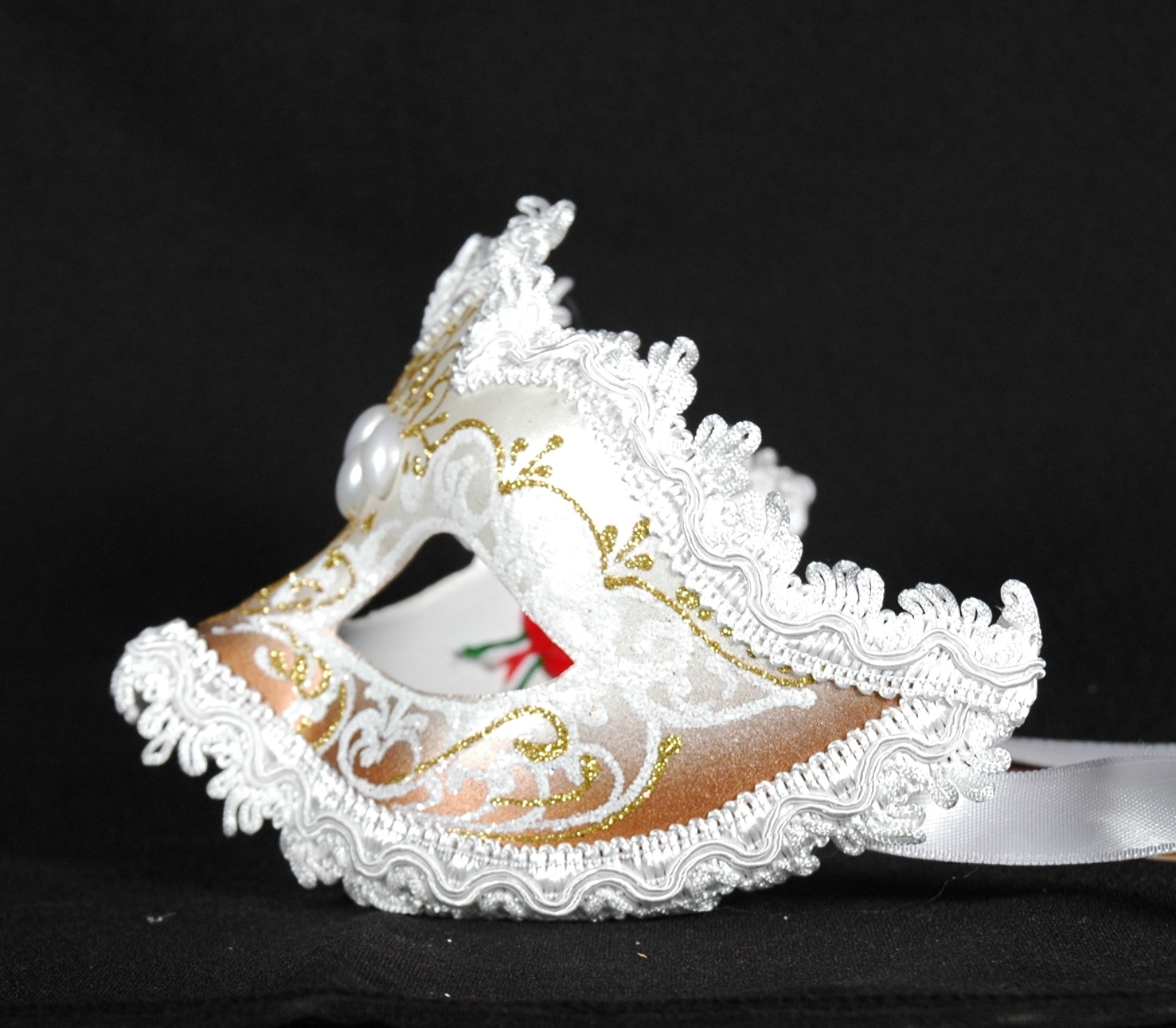 Venezianische Maske Columbine Punta "tenue" weiß-gold