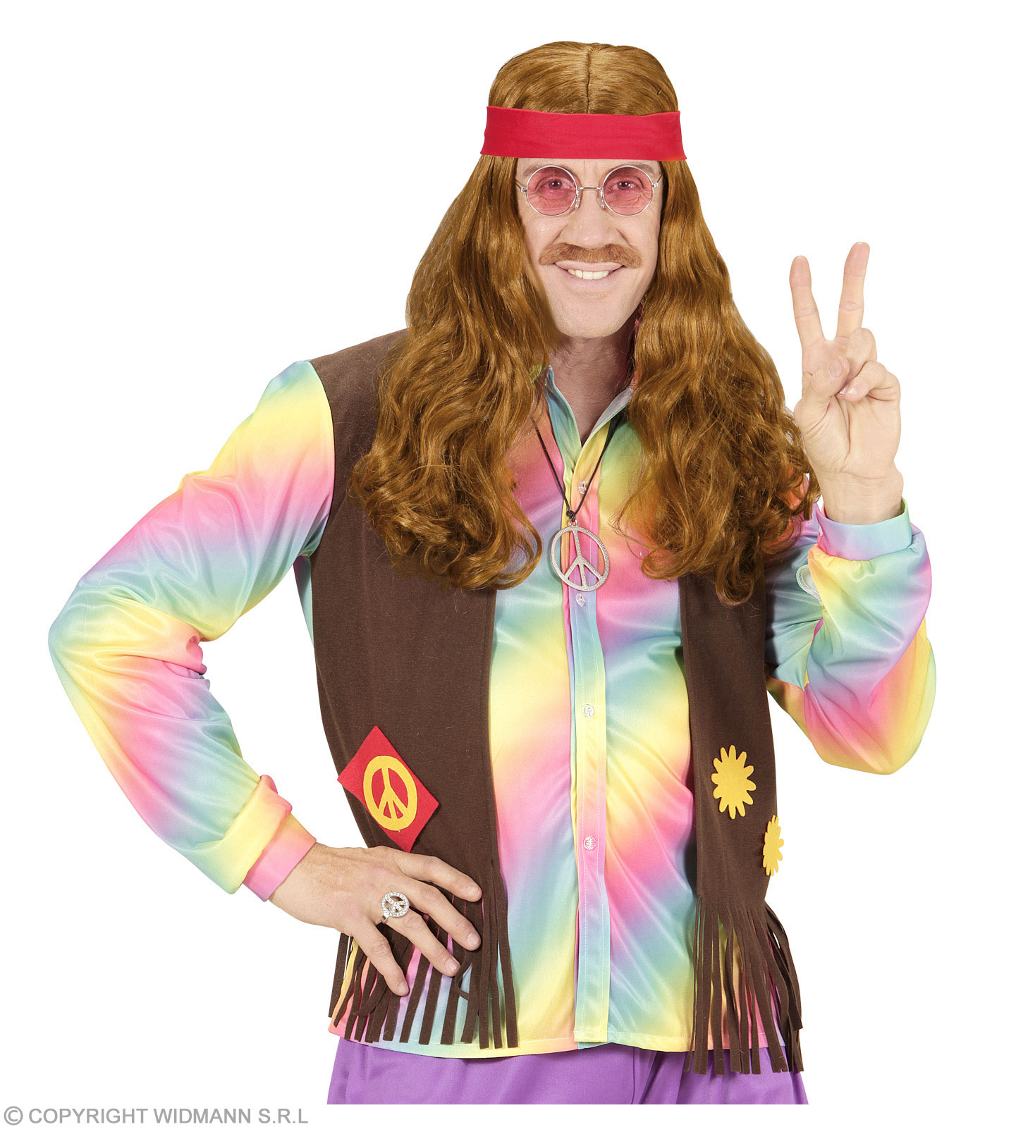 Langhaar Hippi Perücke braun mit Stirnband rot und Bart