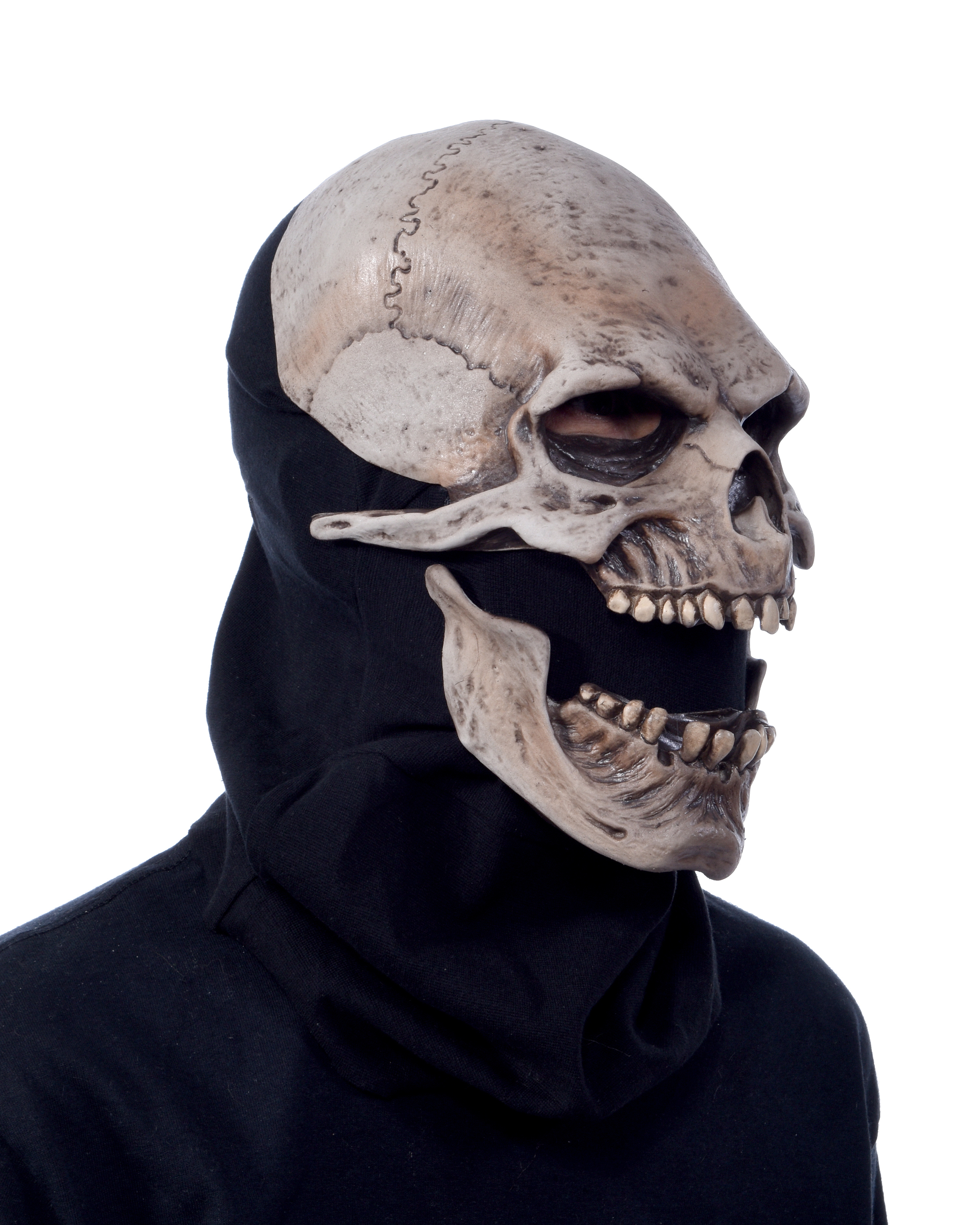 Totenkopf Maske Latex - Rückseite schwarze Textil Haube beeglicher Kiefer