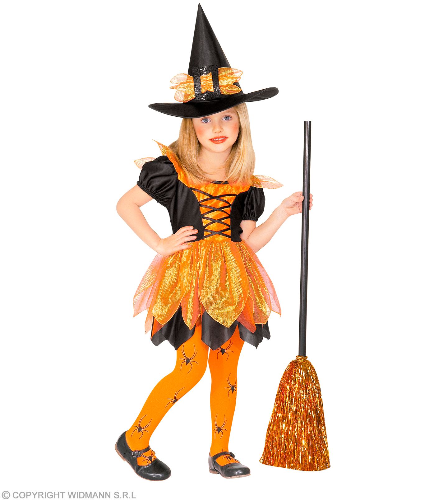 Kleine Hexe orange-schwarz Gr. 116 Kleid mit Hut