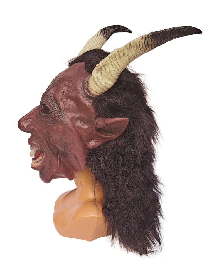 Krampus Maske dunkelrot mit beigen langen Hörnern