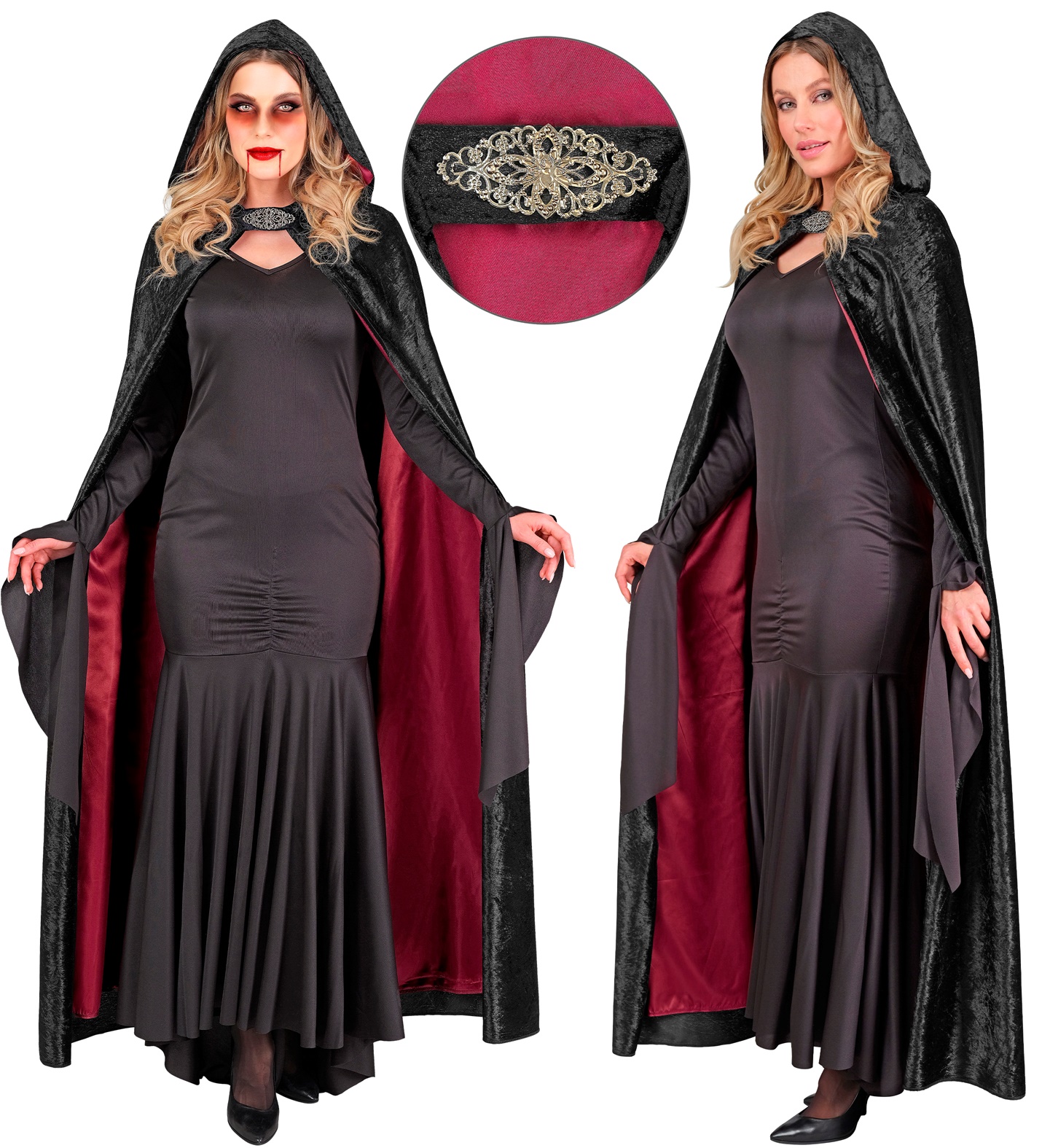 Schwarzer Samt Umhang mit rotem Innenfutter ca. 140cm