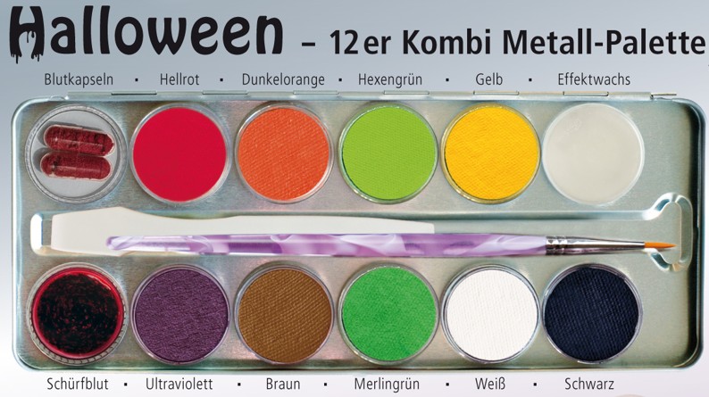 Halloween 12er Kombi Malkasten 9 Farben und Zubehör