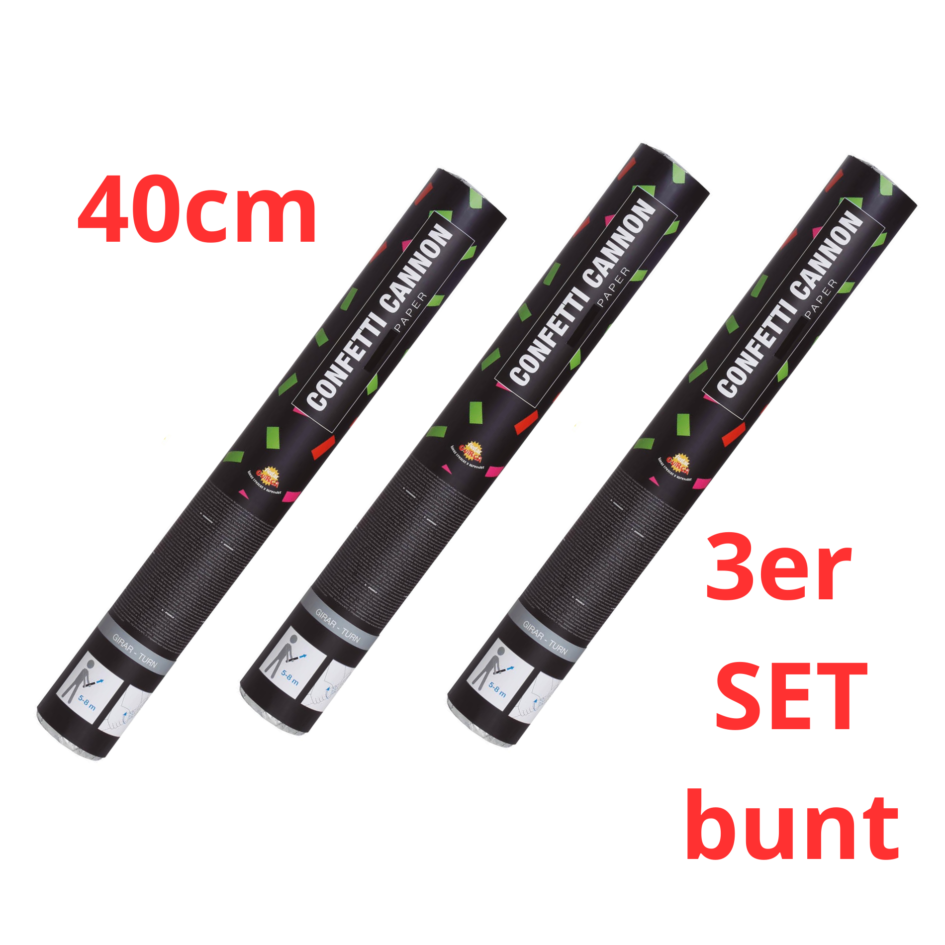 3er Packung Konfetti Shooter 40cm  Papierstreifen Füllung
