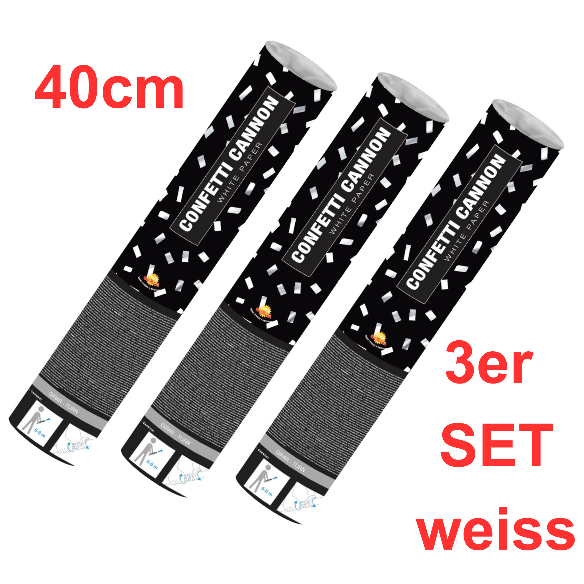3er Packung Konfetti Shooter 40cm Papier WEISS