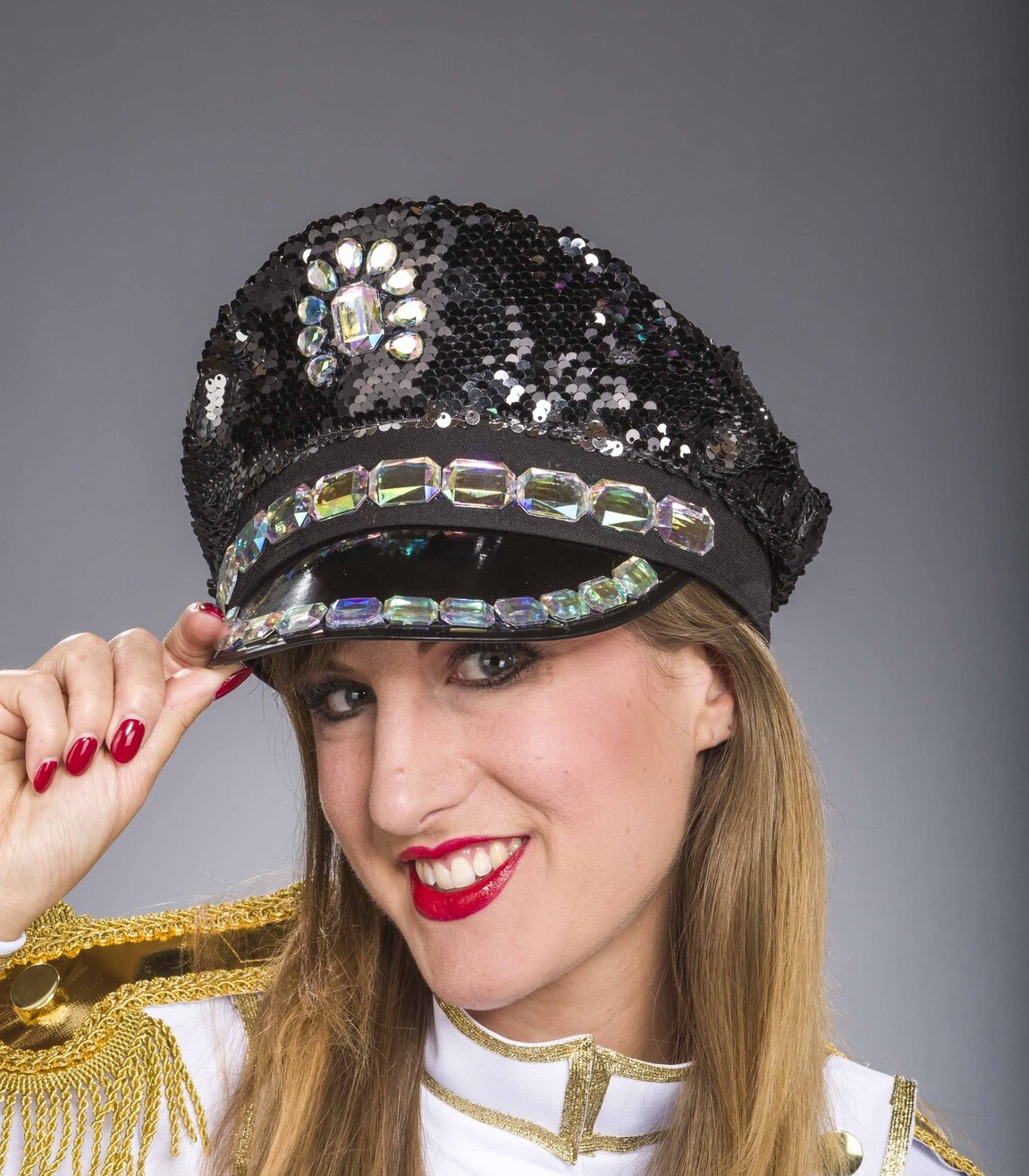 Pailletten Uniform Kappe schwarz mit Strasssteine