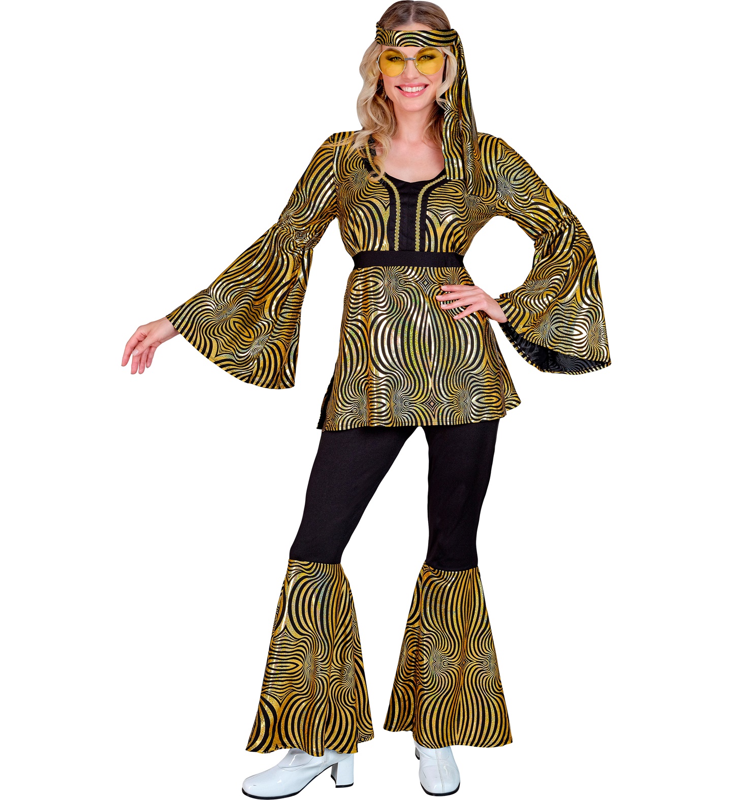 70er Disco Oberteil, Hose, Stirnband SMALL gold-waves