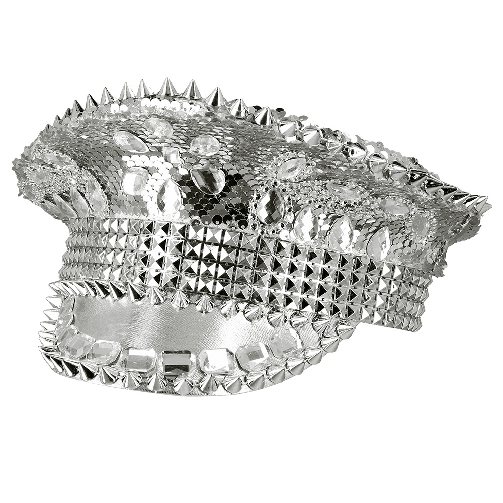 Silber Pailletten Schirmkappe mit Glitzer Steinen und Nieten Verzierung