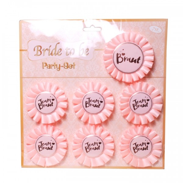 SET Rosette "1 x Braut & 6 x Team Braut" rosa