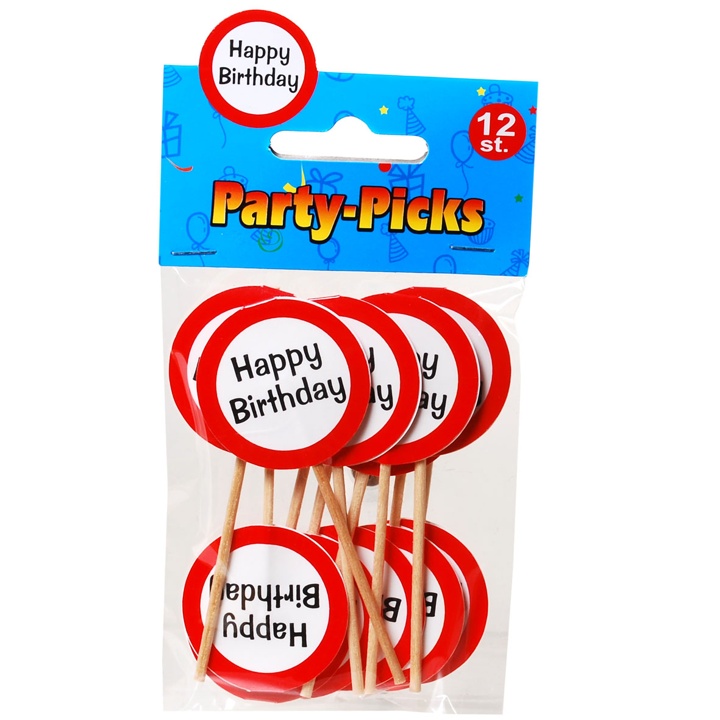 Party-Picker 12 Stück "Happy Birthday"  rotw-weiß