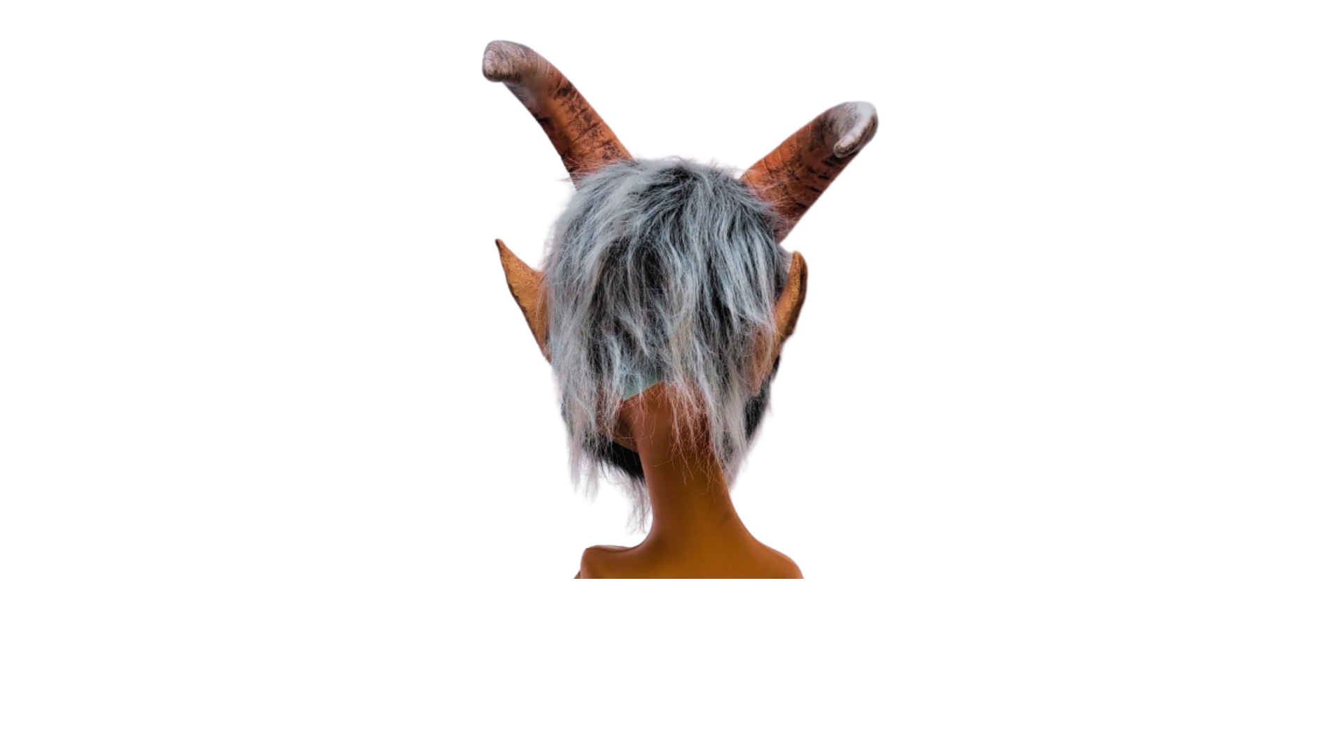 Krampus Maske grau mit großen Hörnern und Plüschhaar