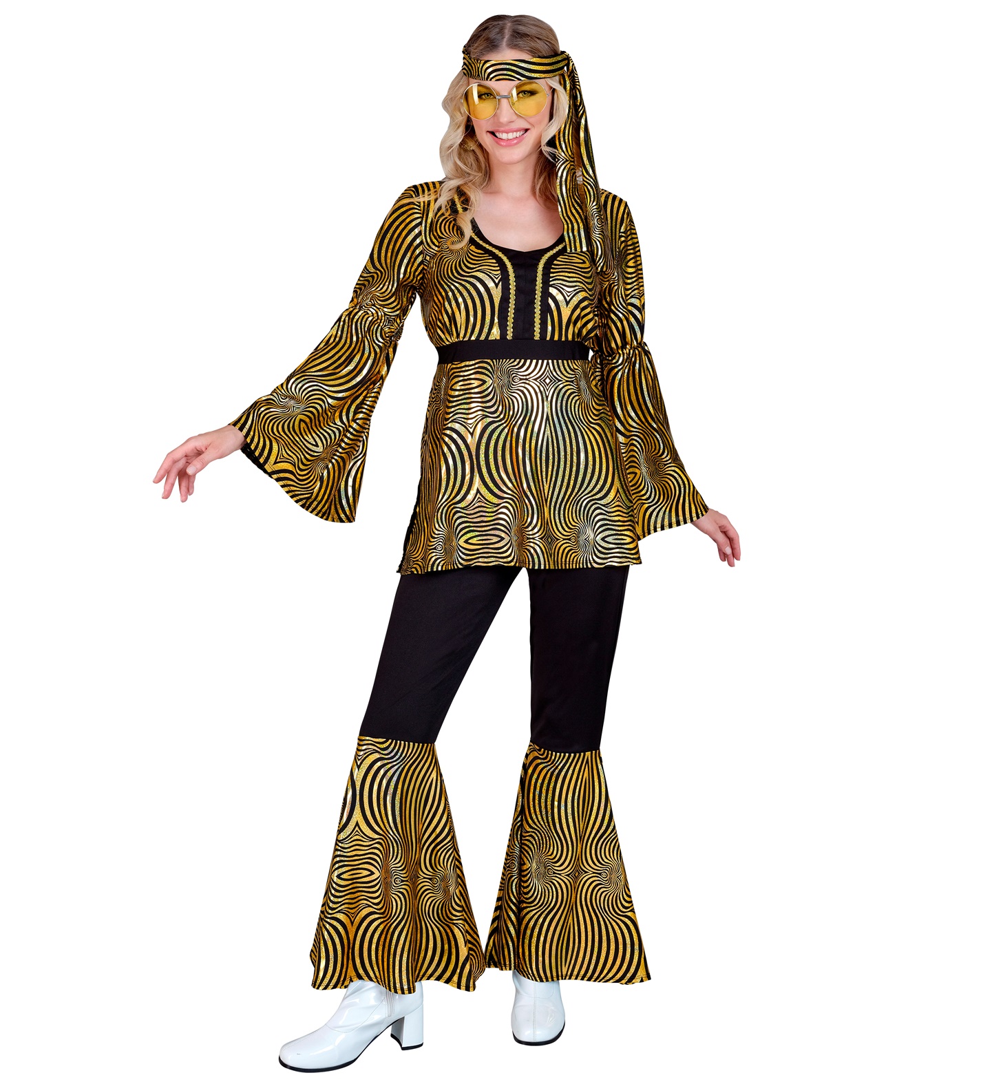 70er Disco Oberteil, Hose, Stirnband SMALL gold-waves