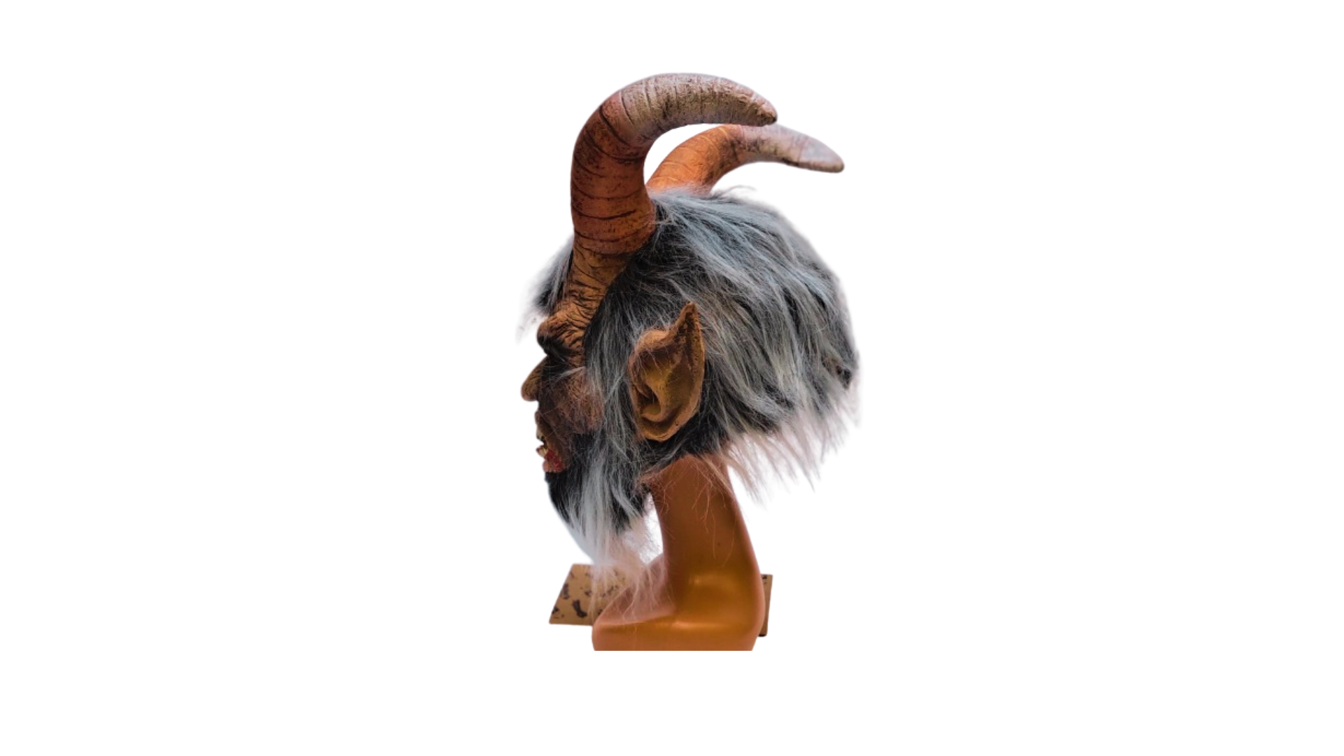Krampus Maske grau mit großen Hörnern und Plüschhaar