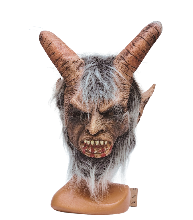 Krampus Maske grau mit großen Hörnern und Plüschhaar