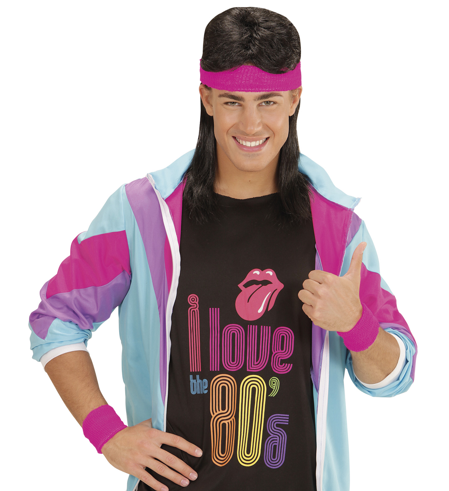 Neon-pinkes Stirnband und Schweißbänder 80er Jahre Style