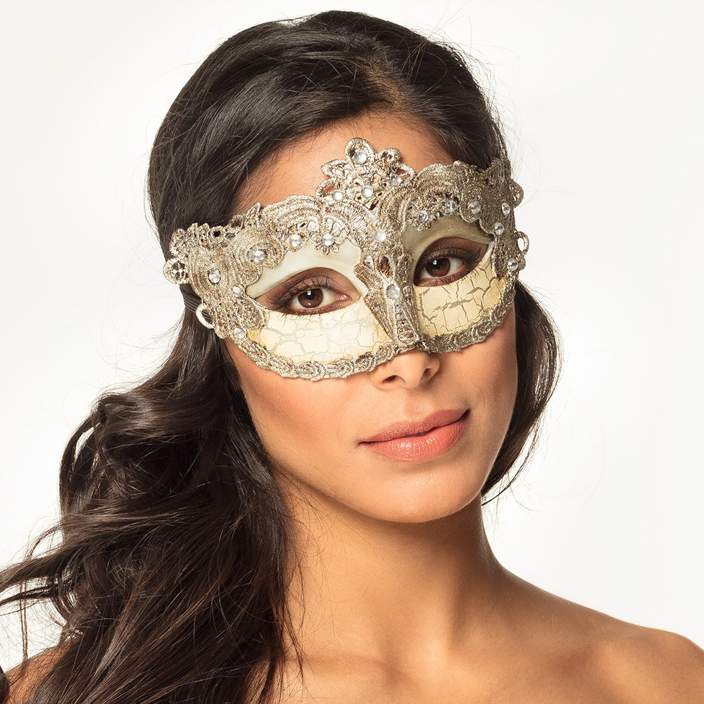 Damen Maske beige mit Spitzendekor