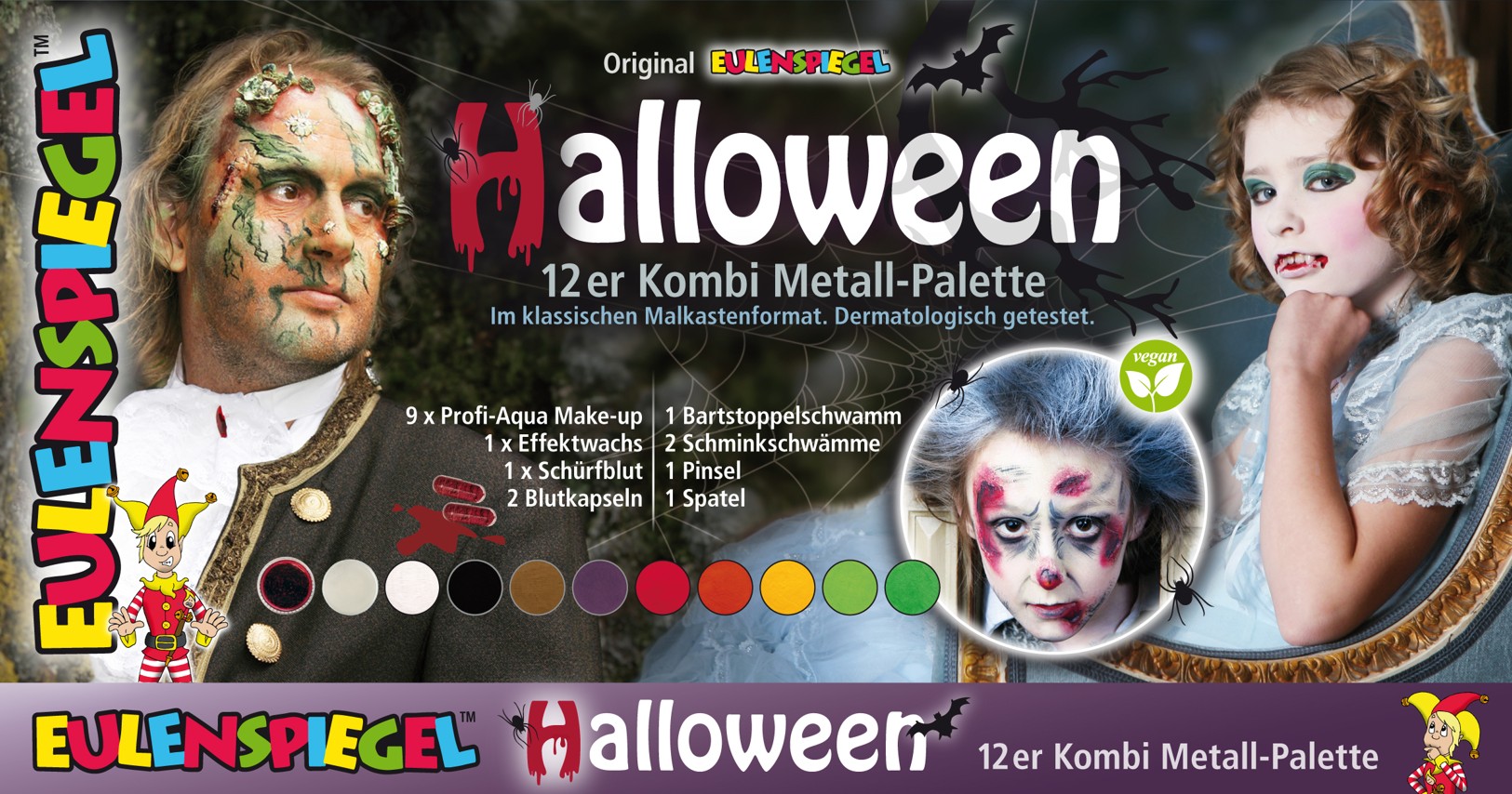 Halloween 12er Kombi Malkasten 9 Farben und Zubehör