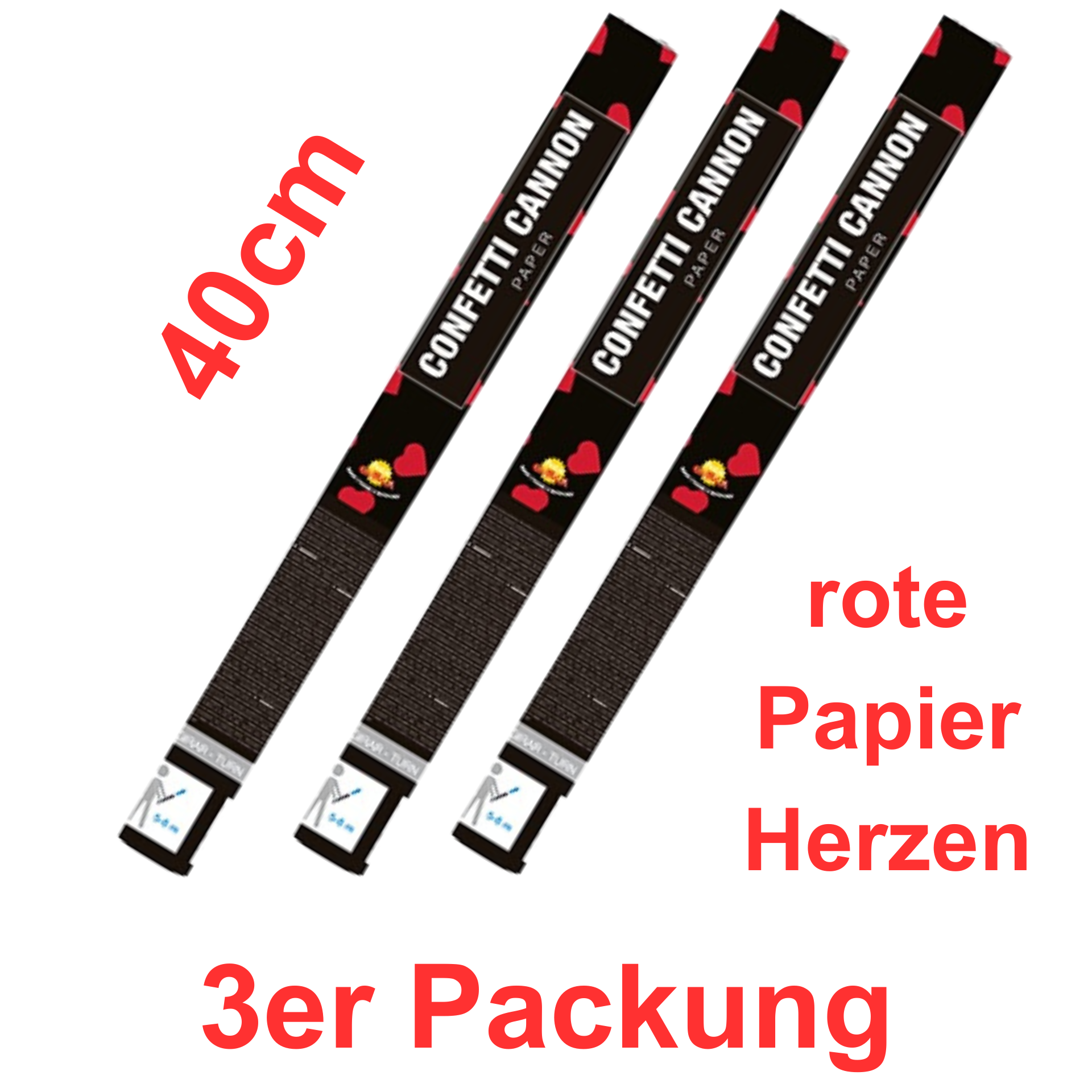 3er Packung Konfetti Kanonen mit  rote Herzen aus Papier 40cm