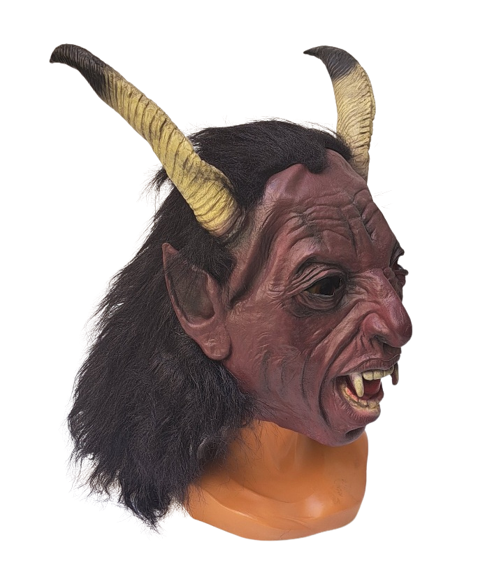 Krampus Maske dunkelrot mit beigen langen Hörnern