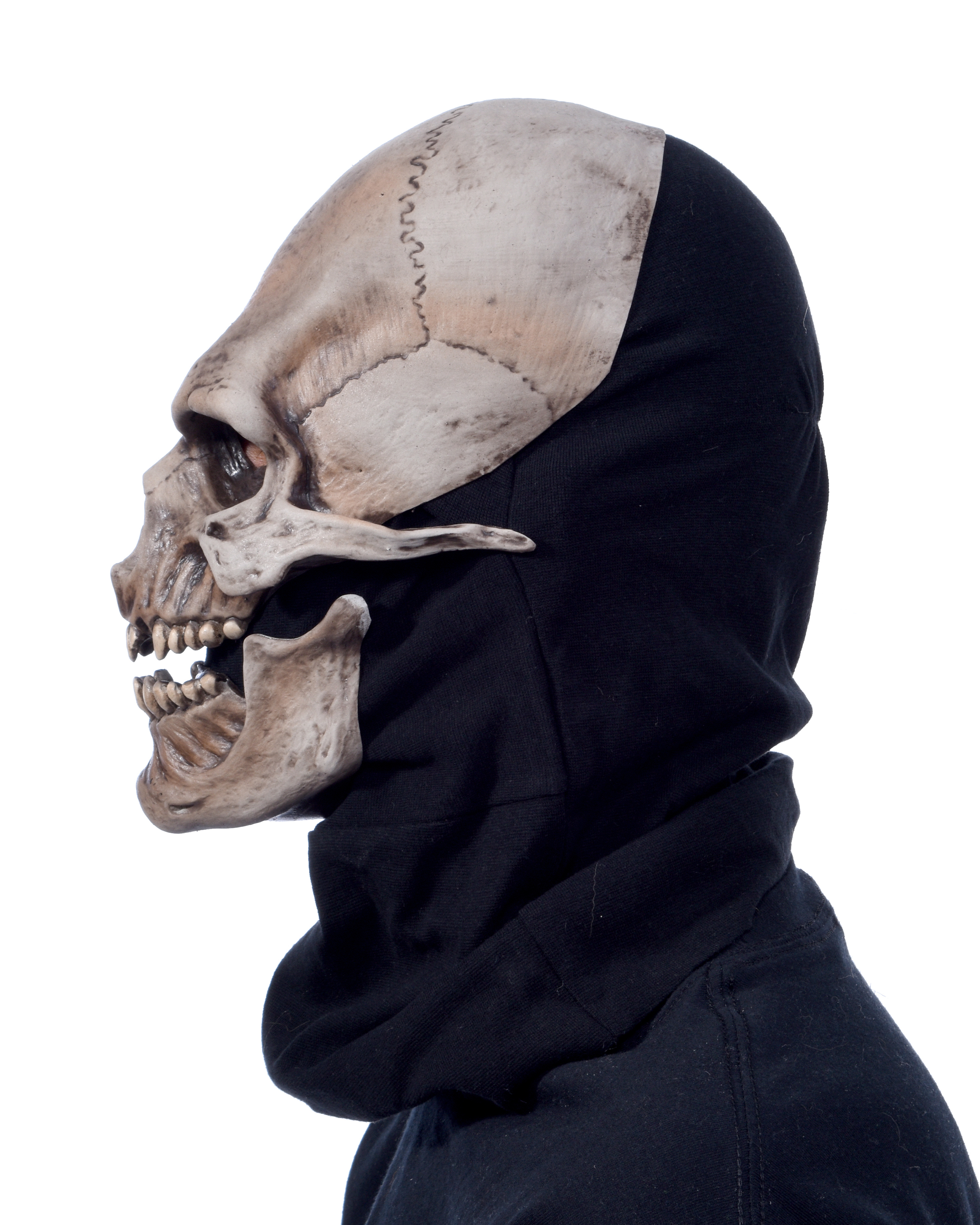 Totenkopf Maske Latex - Rückseite schwarze Textil Haube beeglicher Kiefer