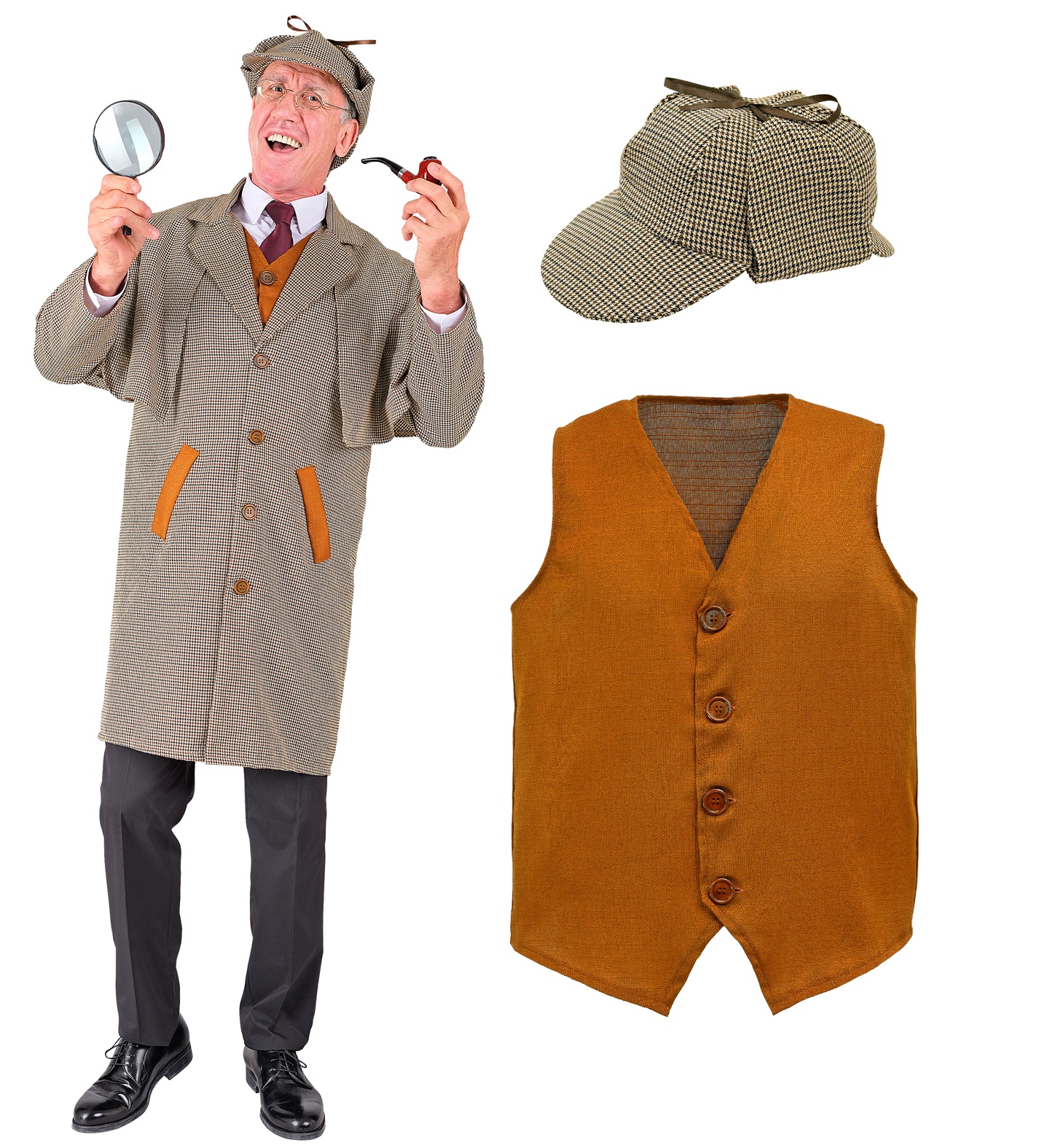 Detektiv Mantel S/M m.Weste und Hut