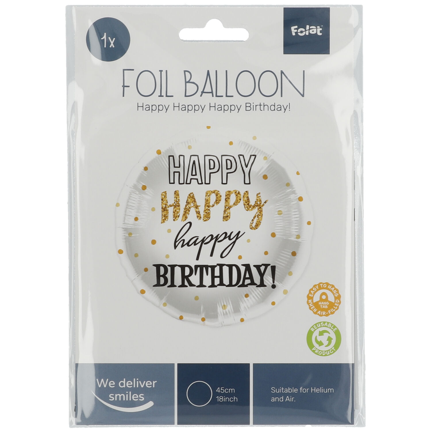 Folienballon Happy Birthday weiß/gold/schwarz  45cm
