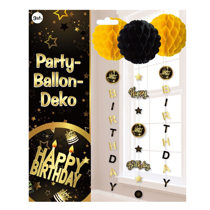 3er SET Happy Birthday Hänge Deko in schwarz-gold