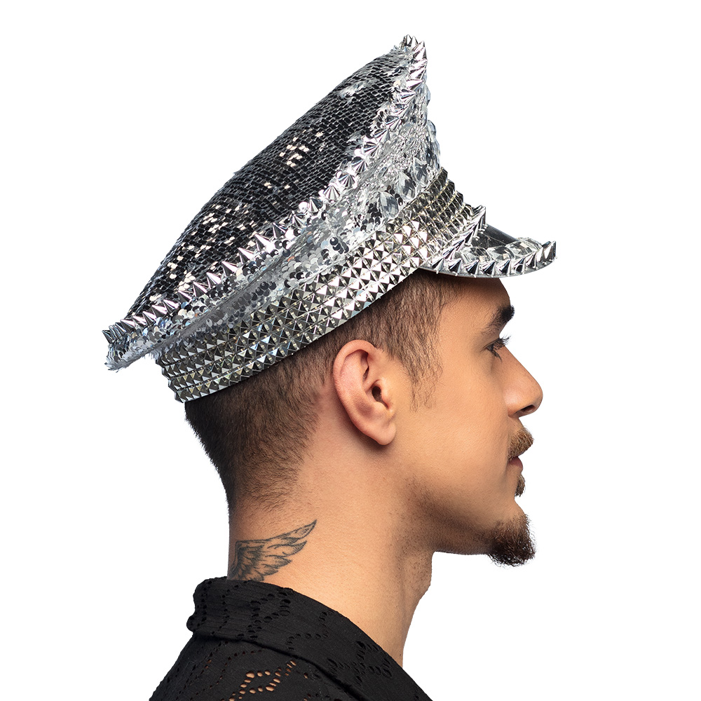 Silber Pailletten Schirmkappe mit Glitzer Steinen und Nieten Verzierung