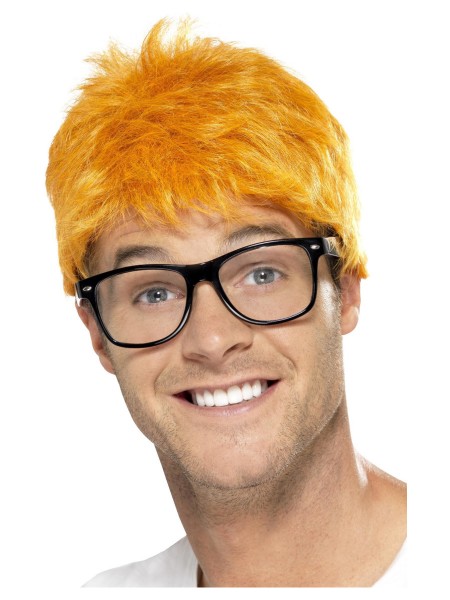 90er Herren Perücke kurze Haare orange mit Brille