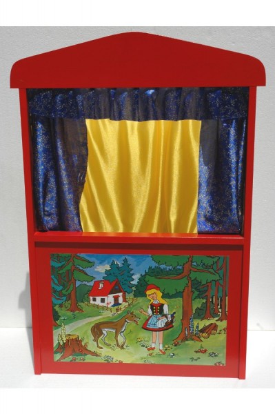Kasperltheater aus Holz rot mit Märchenmotiv Bild