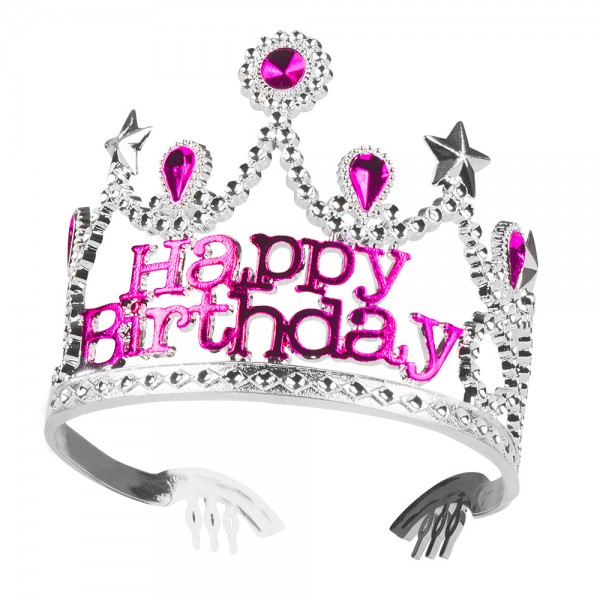 Happy Birthday Diadem silber mit pink Glitzersteinen