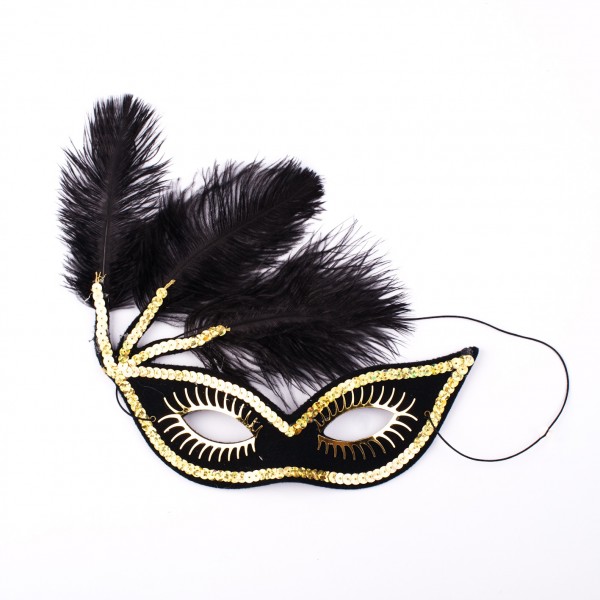 Augenmaske schwarz mit Federn und goldener Dekoration