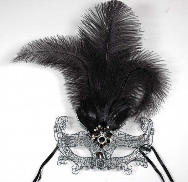 Venezianische Spitzen-Maske schwarz-silber mit Federn