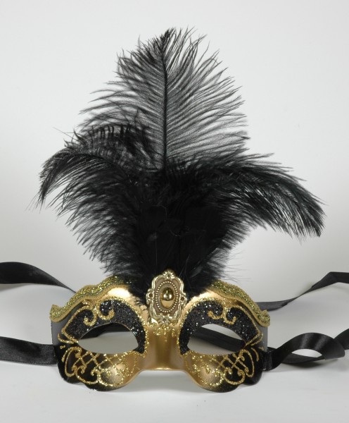 Venezianische Maske klein mit Federn schwarz-gold
