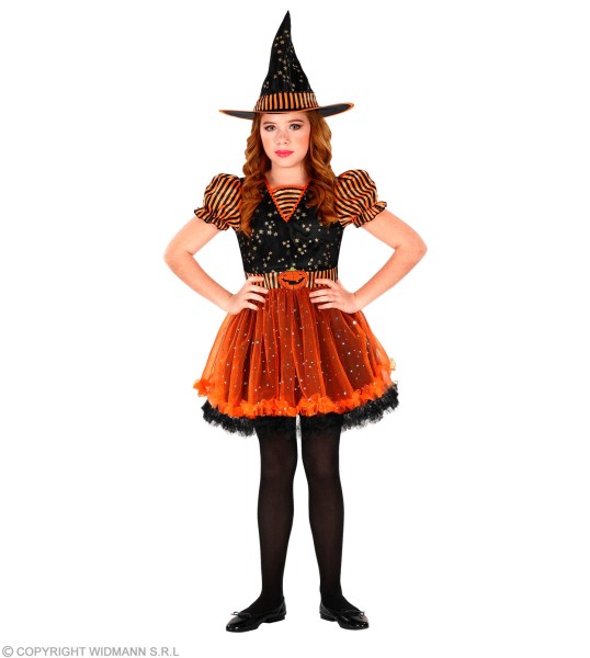 Hexen Kleid orange-schwarz Gr.140 Kleid mit Hut