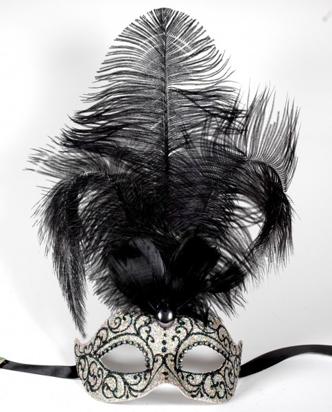 Venezianische Maske silber-schwarz-glitter mit Federn